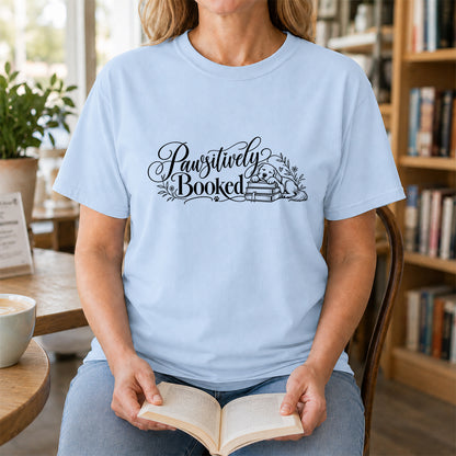 Pawsitively Booked Cotton T-Shirt | Dog Lover & Reader Gift Light Blue