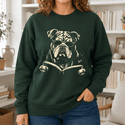 Bulldog Reading Book Crewneck Sweatshirt | Reader Gift Forest Green
