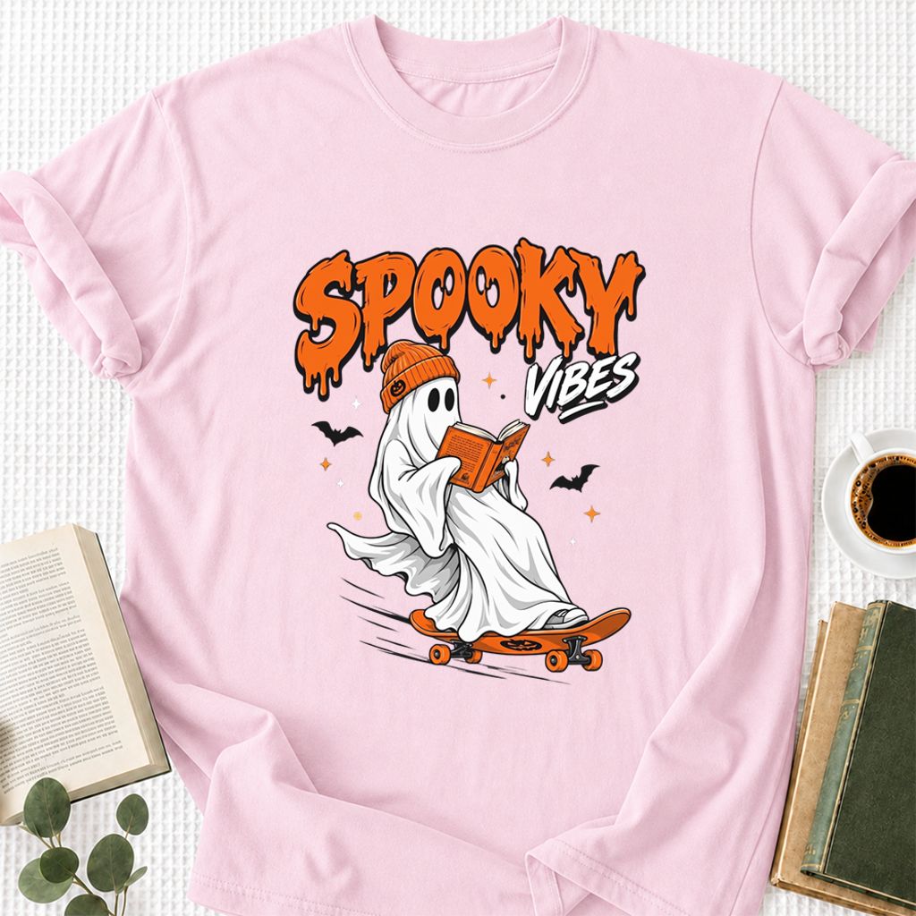 Spooky Vibes Printed T-Shirt | Halloween Book Lover Gift Light Pink