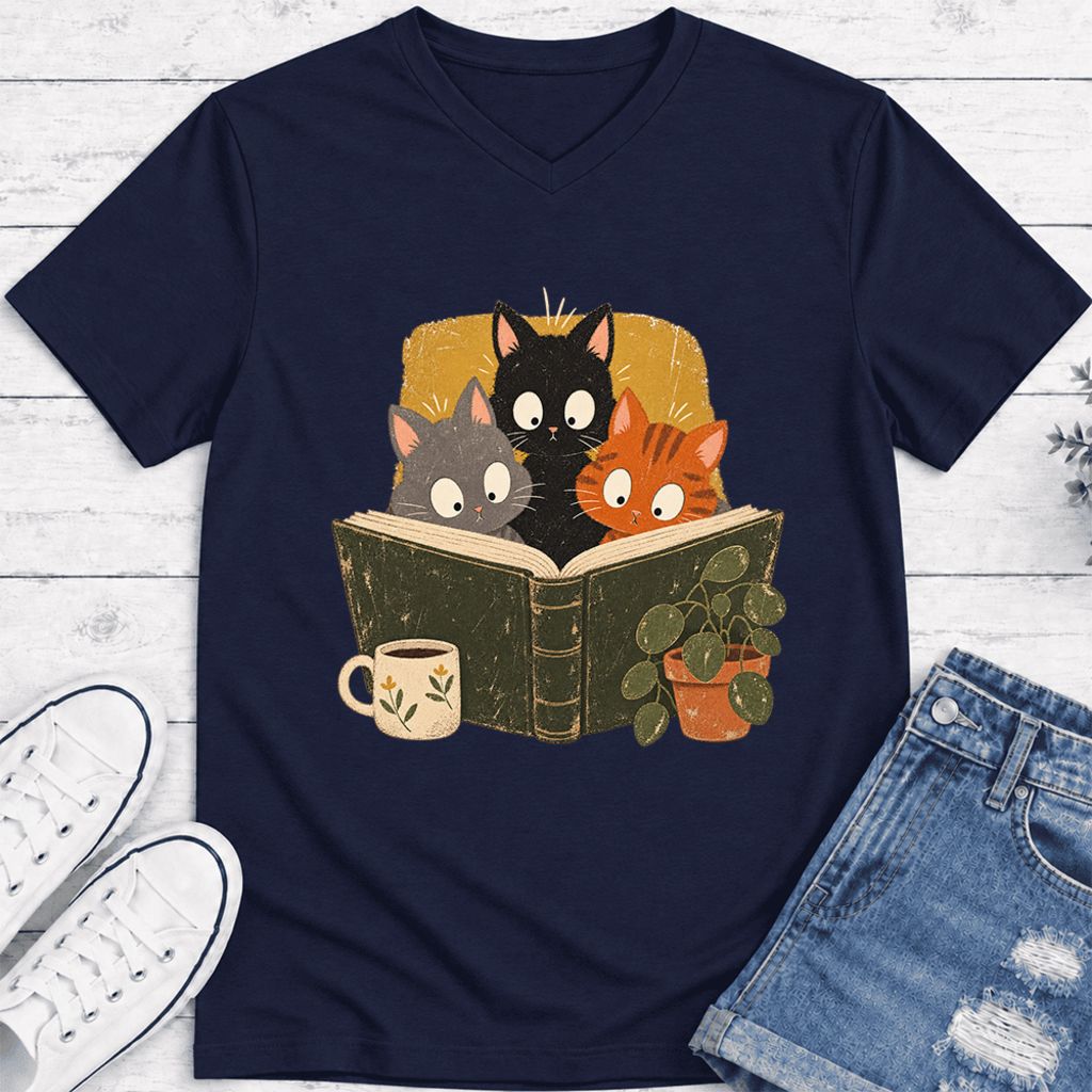 Curious Reading Cats Ultra-Soft V-Neck | Cat Lover Reader Gift Navy