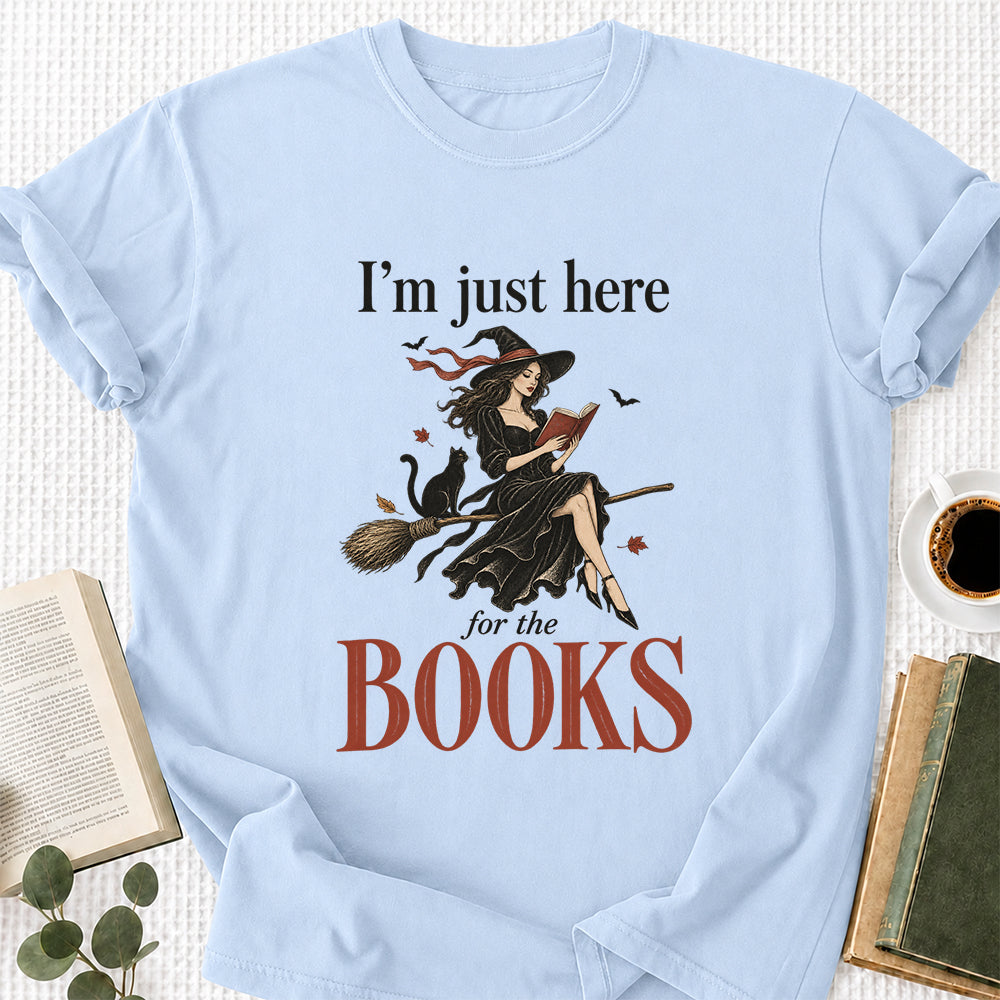 I'M Just Here For The Books Printed T-Shirt | Halloween Book Lover Gift Light Blue