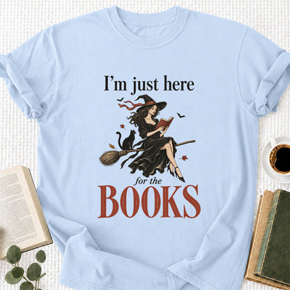 I'M Just Here For The Books Printed T-Shirt | Halloween Book Lover Gift Light Blue