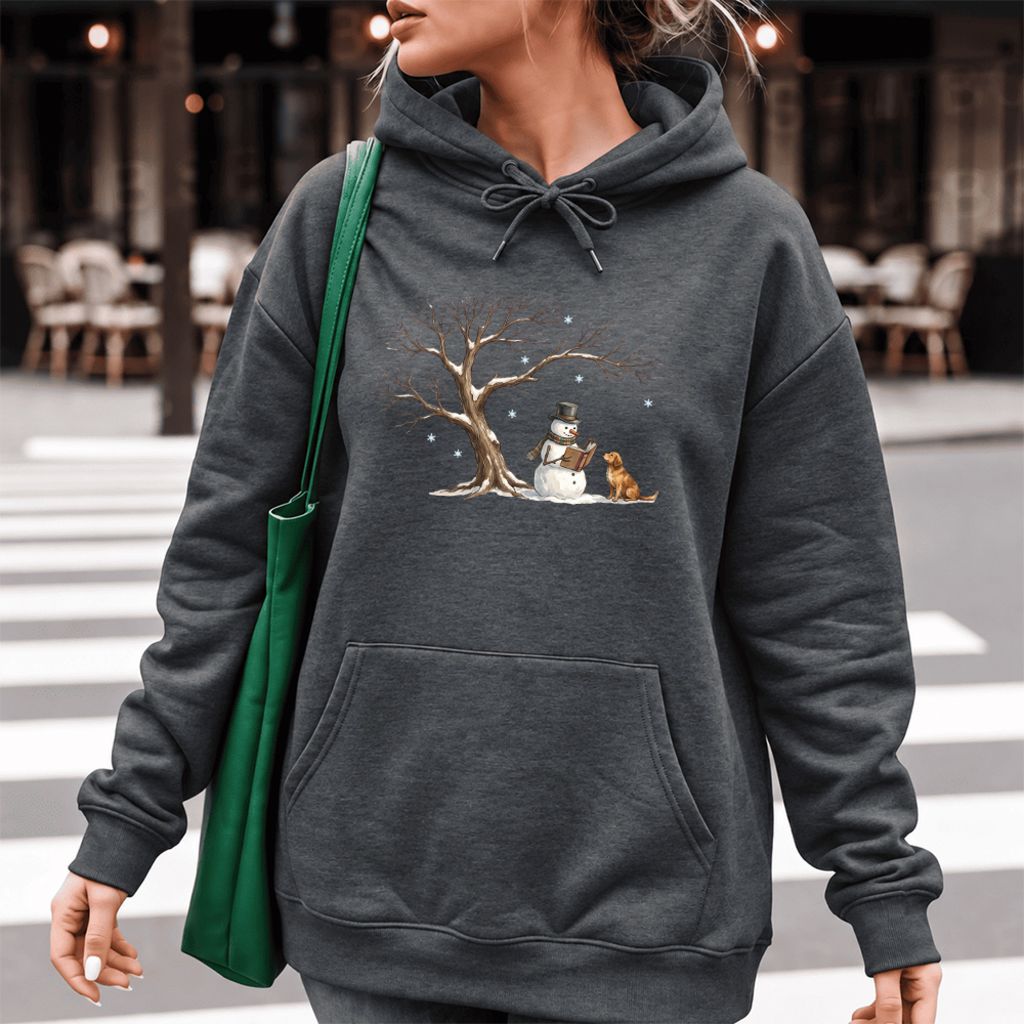 Golden Retriever And Snowman Under Tree Softstyle Hoodie | Christmas Reader Gift Dark Heather