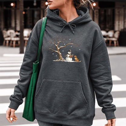 Golden Retriever And Snowman Under Tree Softstyle Hoodie | Christmas Reader Gift Dark Heather
