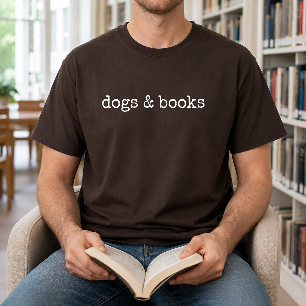 Dogs & Books Sport Cotton T-Shirt | Dog Lover & Reader Gift Dark Chocolate