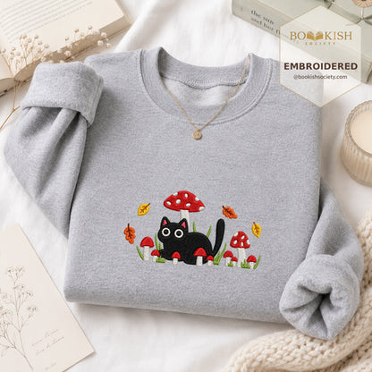 Mushroom Cat Embroidered Sweatshirt | Reader Gift Sport Grey