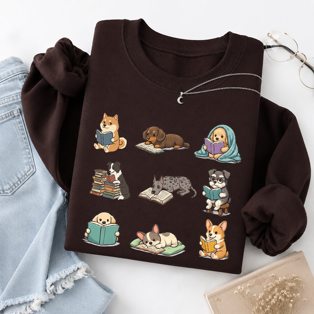 Funny Dogs Reading Crewneck Sweatshirt | Reader Gift Dark Chocolate
