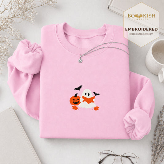 Ghost Reading Embroidered Sweatshirt | Halloween Reader Gift Light Pink