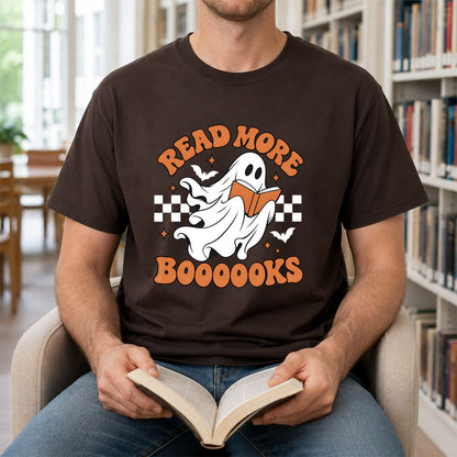 Read More Books Flying Ghost Printed T-Shirt | Halloween Book Lover Gift Dark Chocolate