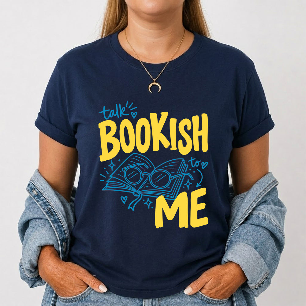 Talk Bookish To Me Cotton T-Shirt | Book Lover Gift Navy