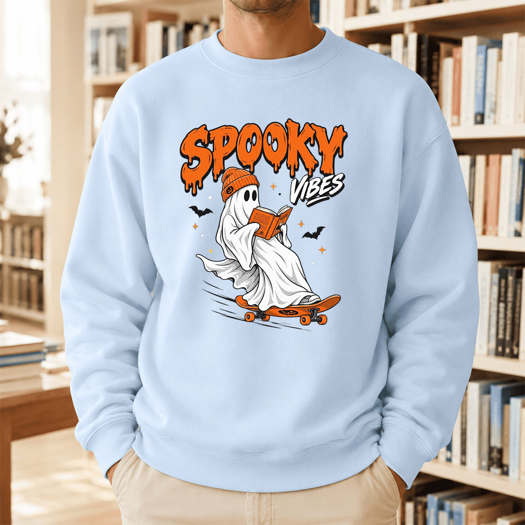 Spooky Vibes Printed Sweatshirt | Halloween Reader Gift Light Blue