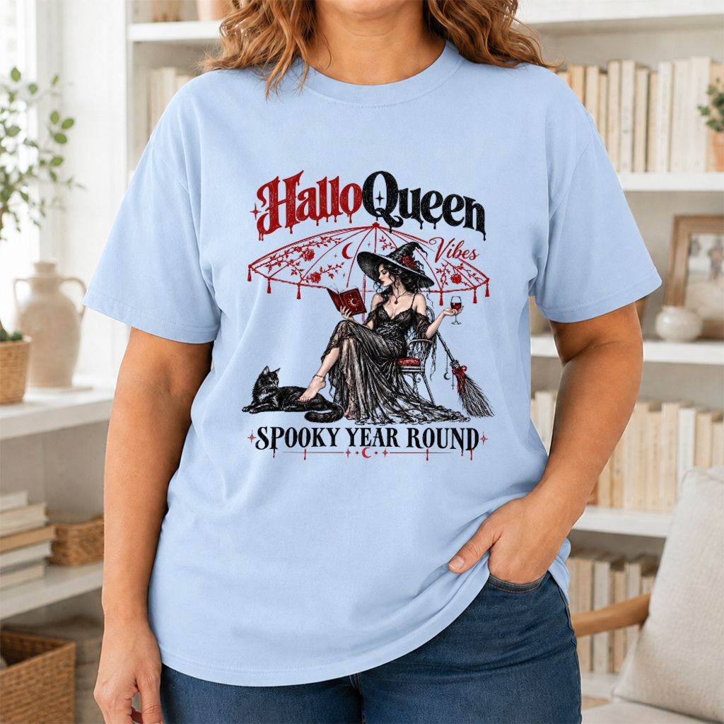 Halloqueen Spooky Year Round Printed T-Shirt | Halloween Book Lover Gift Light Blue