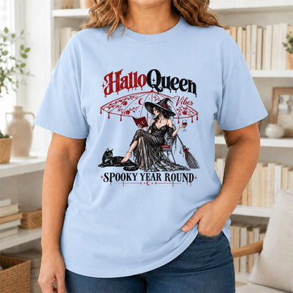 Halloqueen Spooky Year Round Printed T-Shirt | Halloween Book Lover Gift Light Blue