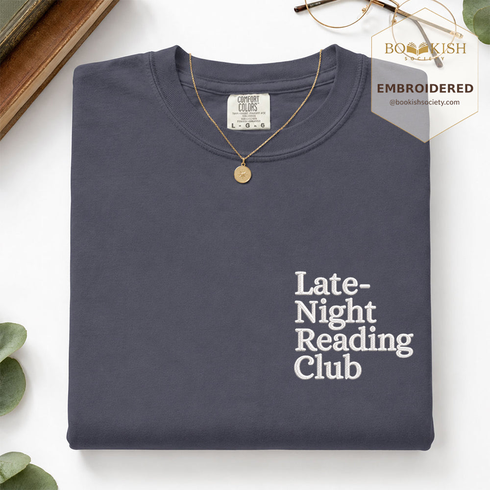 Late Night Reading Club Embroidered Comfort Color® T-shirt | Book Lover Gift Denim