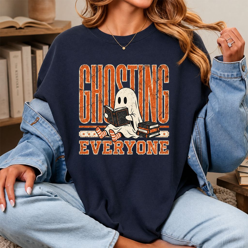 "Ghosting Everyone" Printed T-Shirt | Halloween Reader Gift Navy