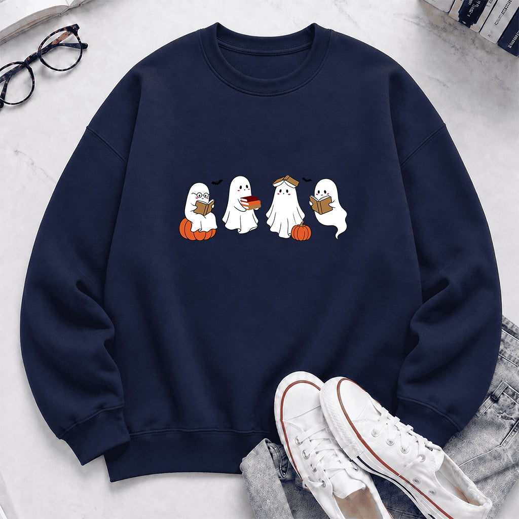 Halloween Ghosts Reading Printed Sweatshirt | Spooky Book Lover Gift Navy