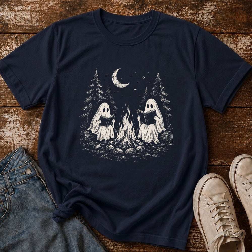 Camping Reading Ghosts Printed T-Shirt | Spooky Book Lover Gift Navy
