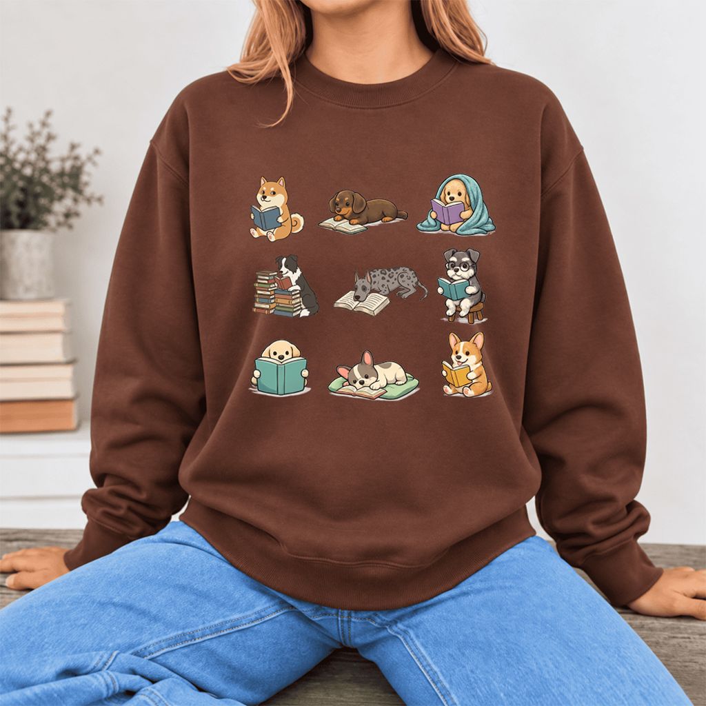 Funny Reading Dogs Embroidered Sweatshirt | Dog Mom Reader Gift Cocoa