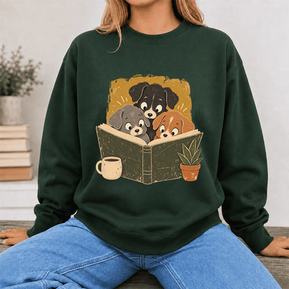 Minimal Japanese Dogs Reading Crewneck Sweatshirt | Reader Gift Forest Green