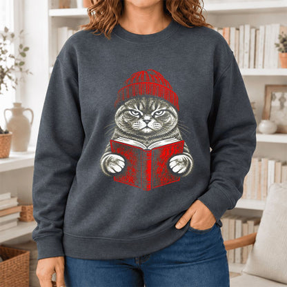 Vintage Reading Cat British Shorthair Softstyle Sweatshirt | Christmas Gift Dark Heather