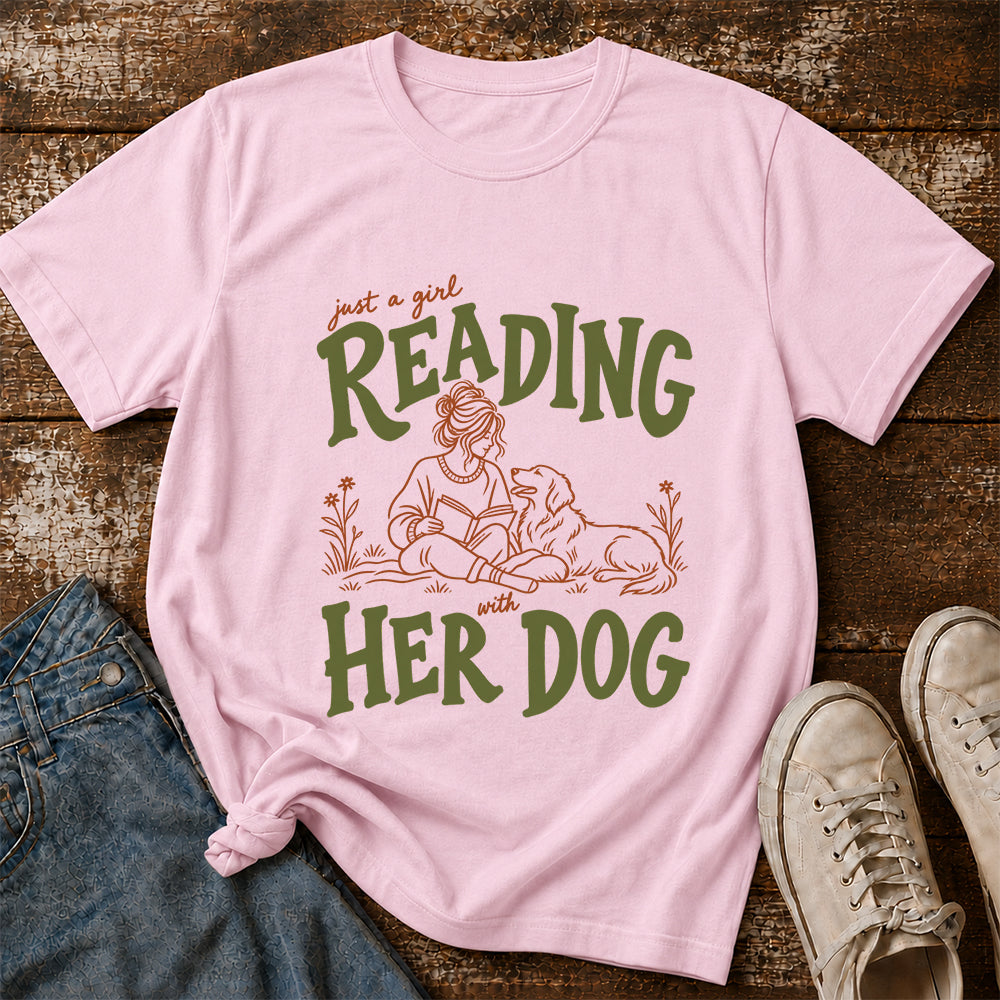 Just A Girl Reading With Her Dog Softstyle T-Shirt | Book Lover Gift Light Pink