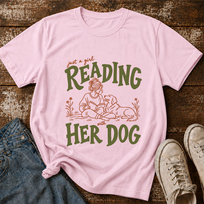 Just A Girl Reading With Her Dog Softstyle T-Shirt | Book Lover Gift Light Pink