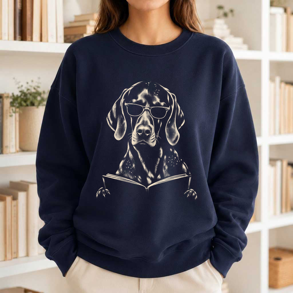 German Shorthaired Pointer Reading Book Crewneck Sweatshirt | Reader Gift Navy
