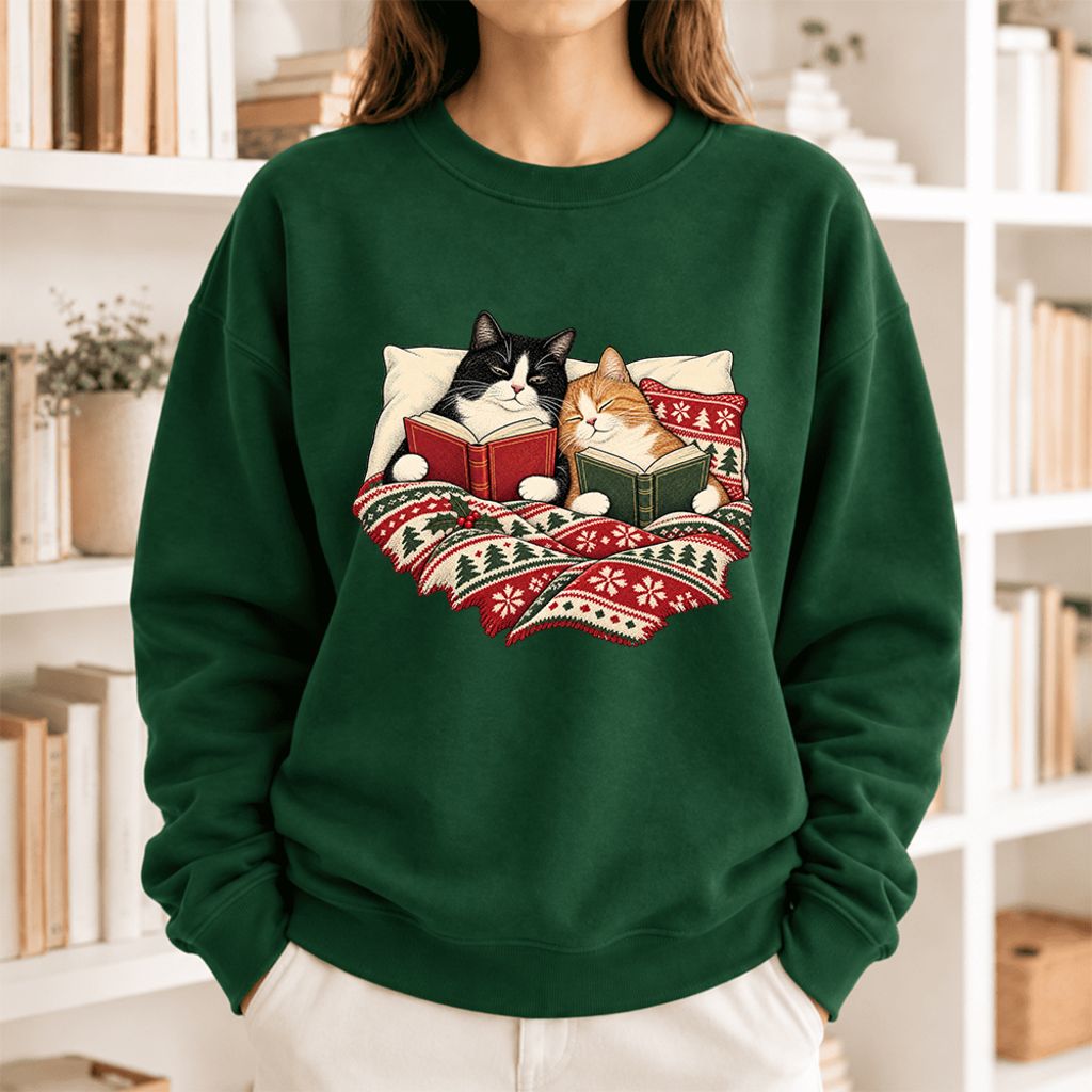 Christmas Reading Cat Couple Softstyle Sweatshirt | Cozy Christmas Gift Forest Green
