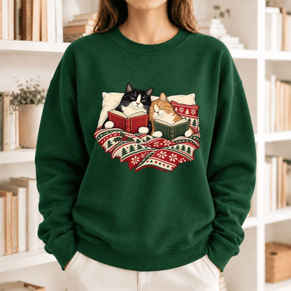 Christmas Reading Cat Couple Softstyle Sweatshirt | Cozy Christmas Gift Forest Green