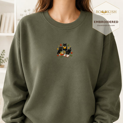 Cat Catching Leaves Embroidered Sweatshirt | Reader Gift Military Green