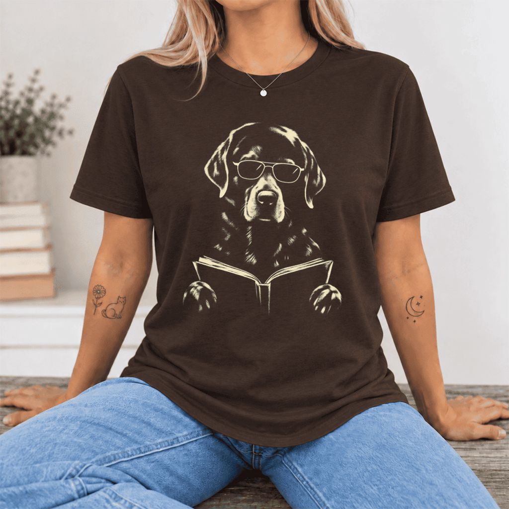 Labrador Retriever Reading Book Ultra-Soft Cotton T-Shirt | Dog Mom Reader Gift Brown