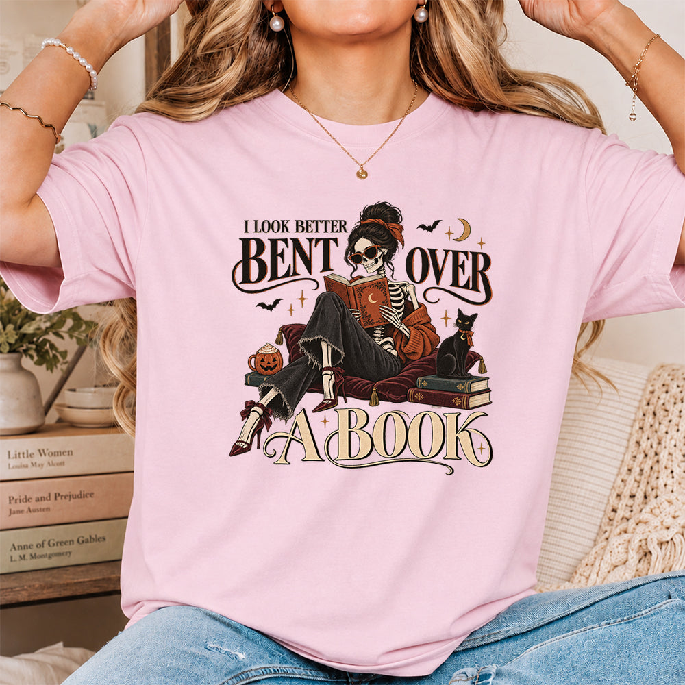 I Look Better Bent Over A Book Printed T-Shirt | Halloween Book Lover Gift Light Pink