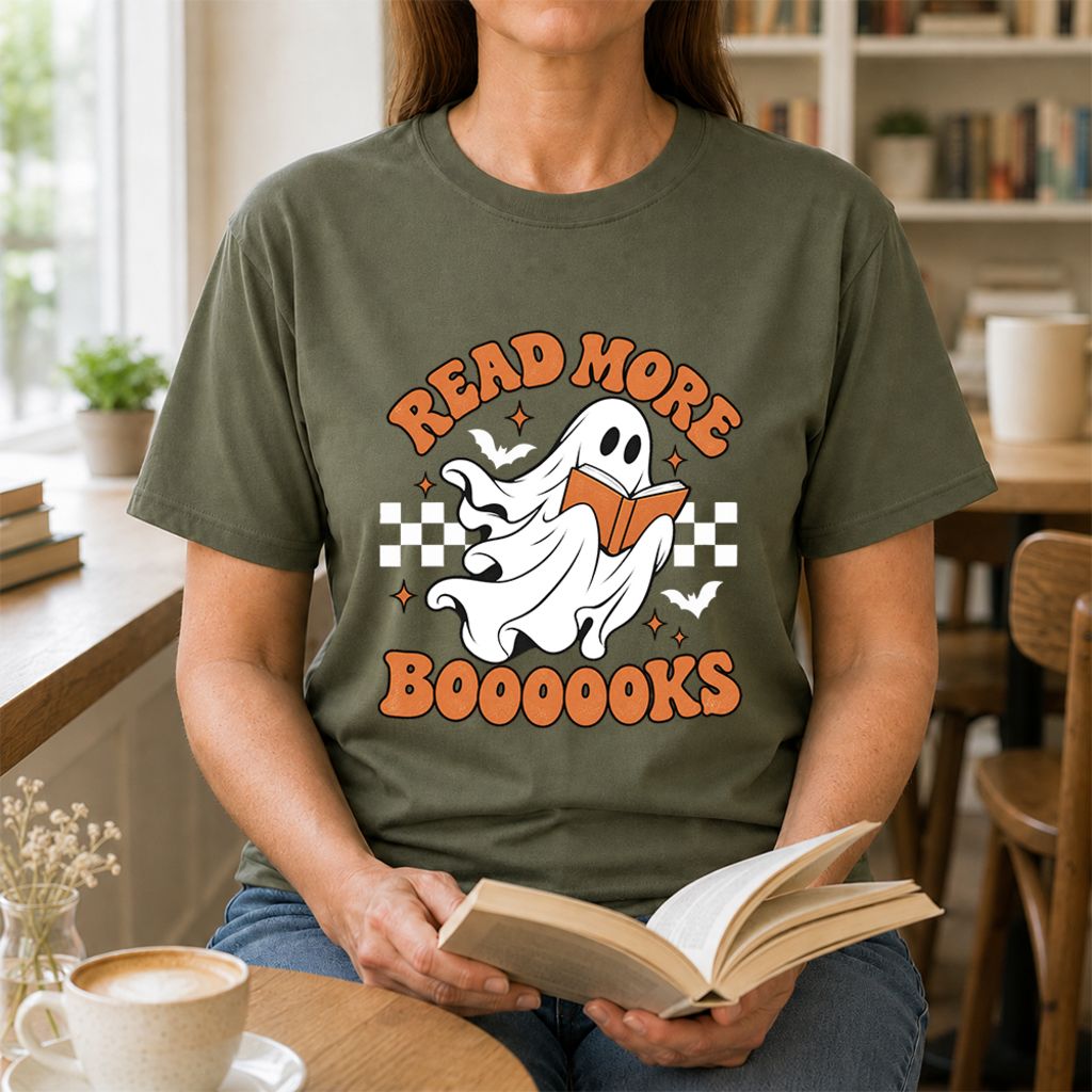 Read More Books Flying Ghost Printed T-Shirt | Halloween Book Lover Gift Military Green