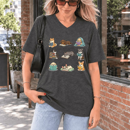 Funny Reading Dogs Ultra-Soft V-Neck | Dog Mom Reader Gift Dark Grey Heather