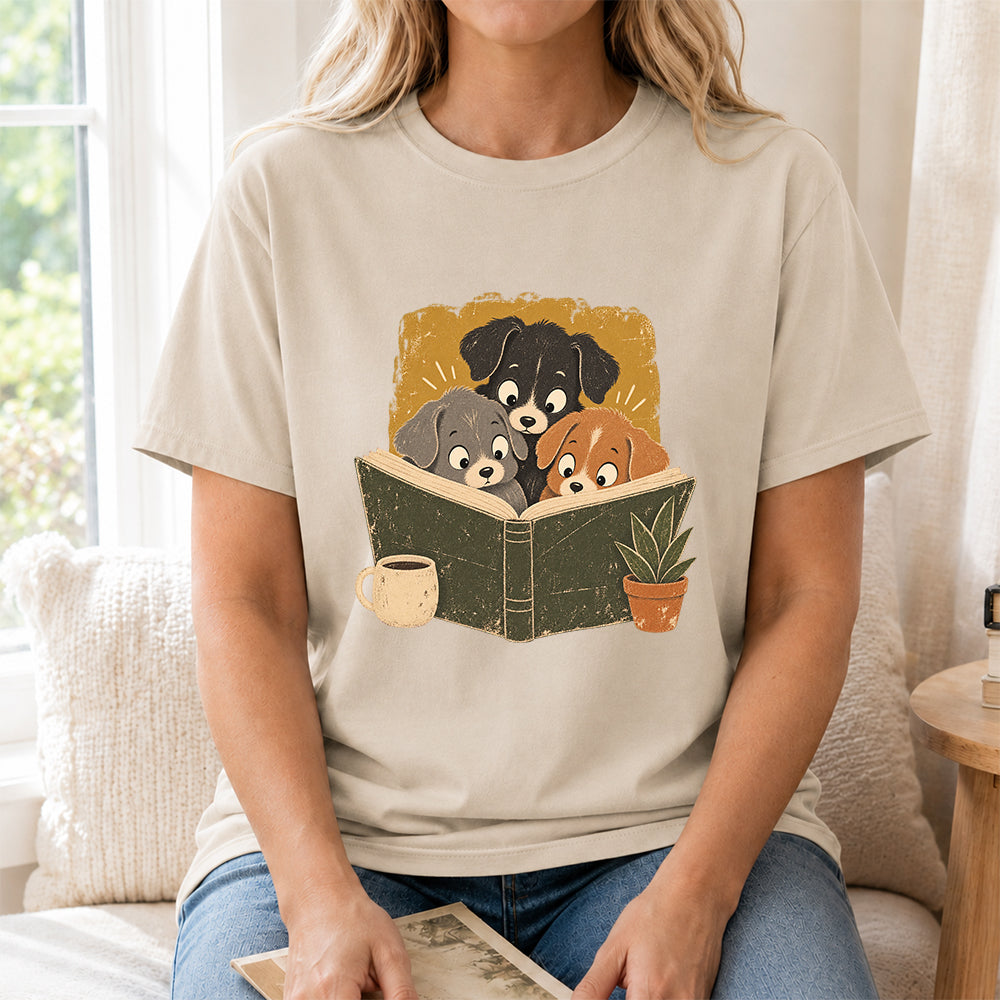 Minimal Japanese Dogs Reading Softstyle T-Shirt | Book Lover Gift Sand