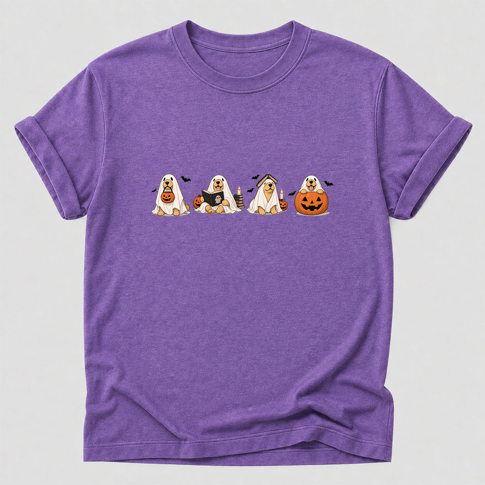 Spooky Golden Retrievers Book Club Printed T-Shirt | Halloween Book Lover Gift Heather Purple