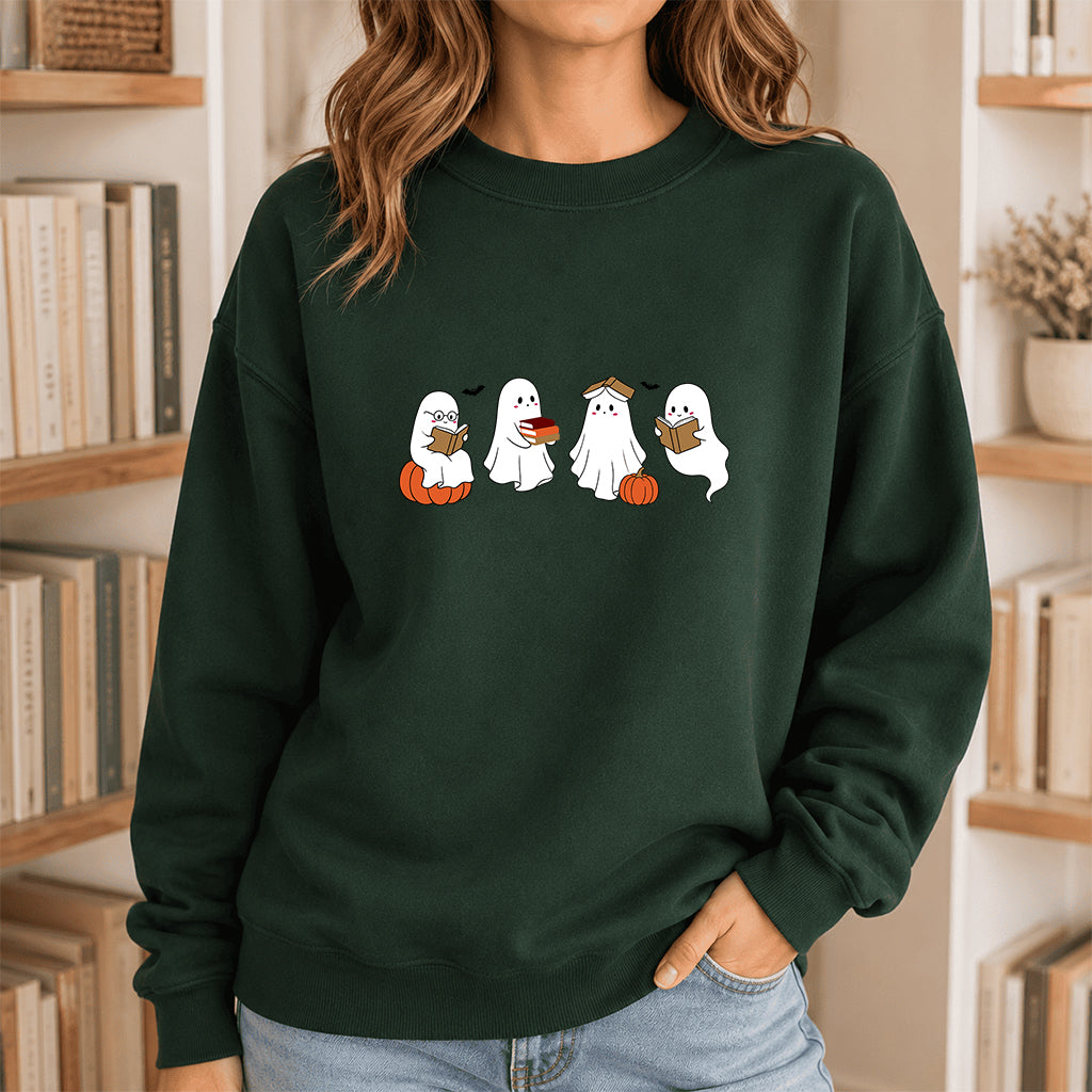 Halloween Ghosts Reading Printed Sweatshirt | Spooky Book Lover Gift Forest Green