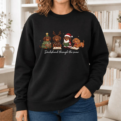 Dachshund Through The Snow Softstyle Sweatshirt | Christmas Book Lover Gift Black