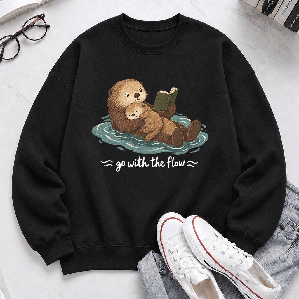 Go With The Flow Otter Reading Crewneck Sweatshirt | Reader Gift Black