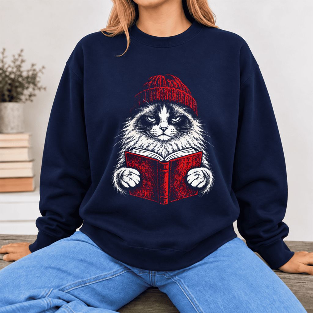 Vintage Reading Cat Ragdoll Softstyle Sweatshirt | Christmas Reader Gift Navy