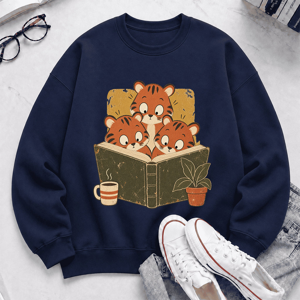 Minimal Japanese Tigers Reading Crewneck Sweatshirt | Reader Gift Navy