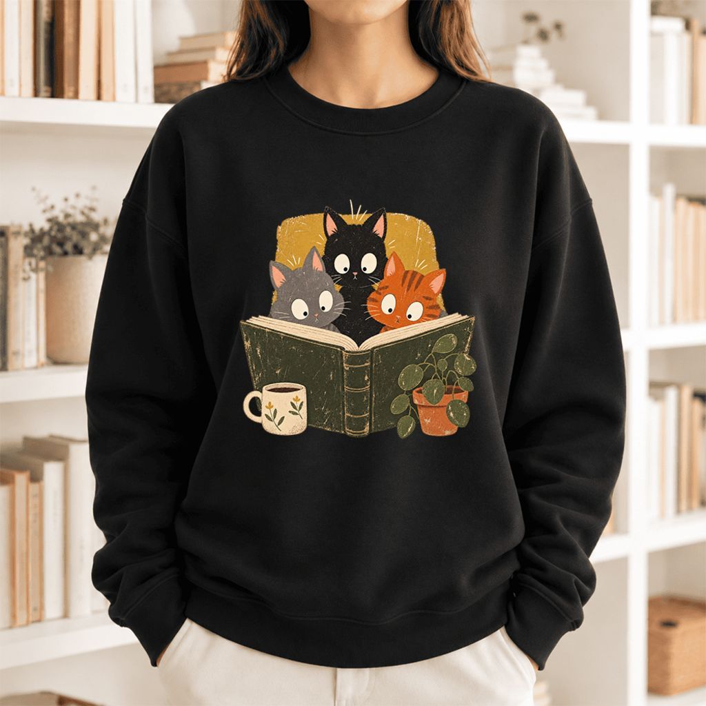 Curious Reading Cats Softstyle Sweatshirt | Cozy Book Lover Gift Black