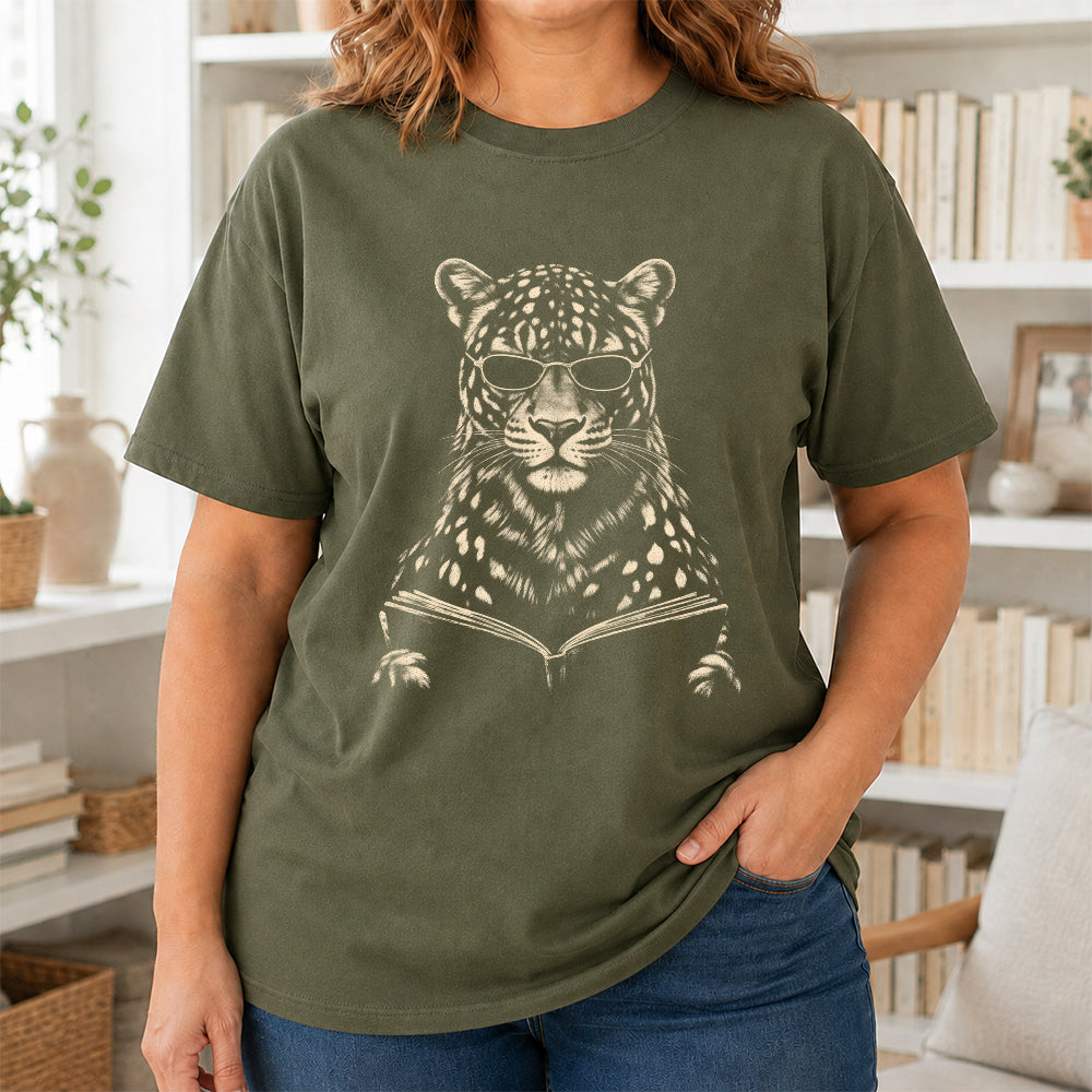 Leopard Reading Book Softstyle T-Shirt | Book Lover Gift Military Green
