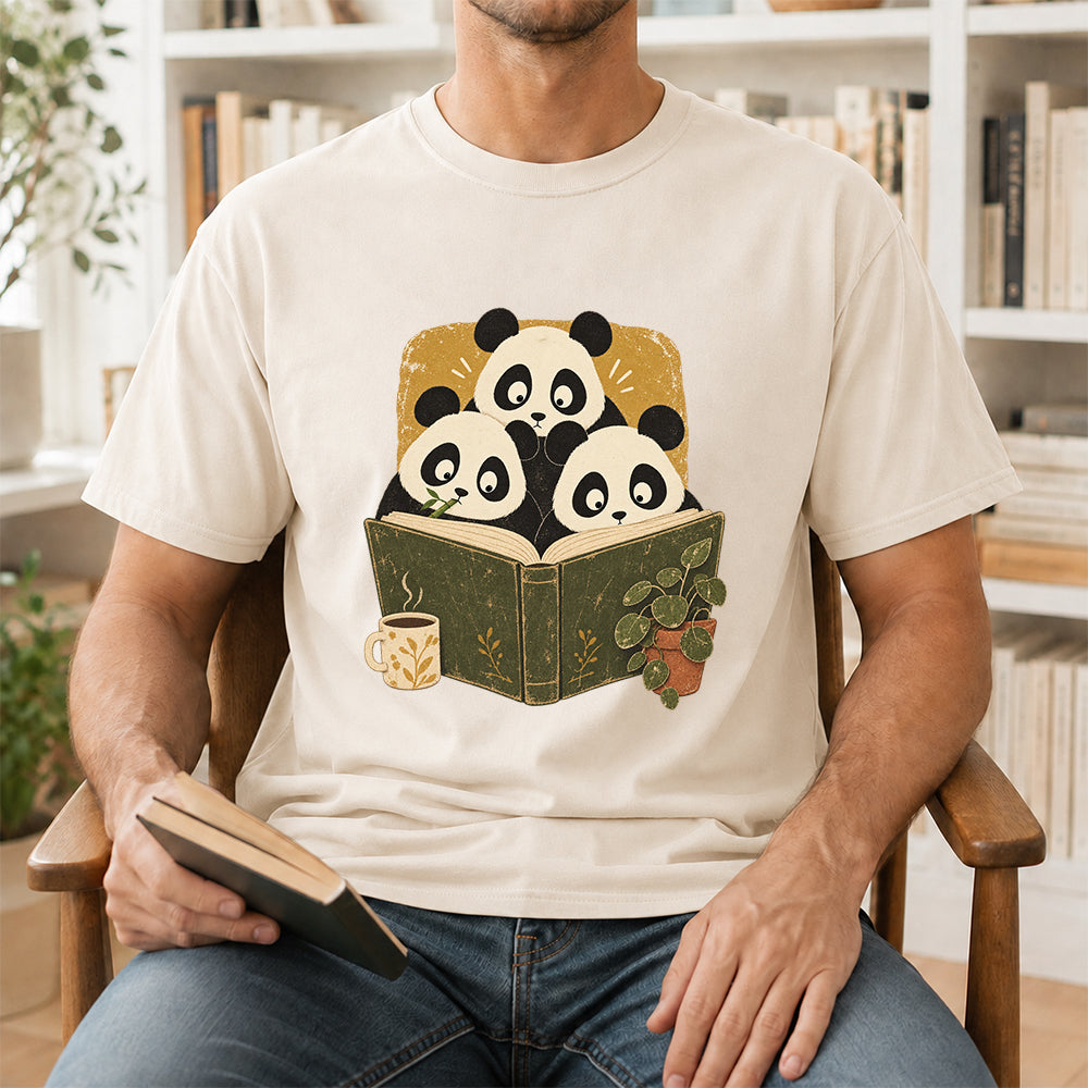 Minimal Japanese Pandas Reading Softstyle T-Shirt | Book Lover Gift Natural
