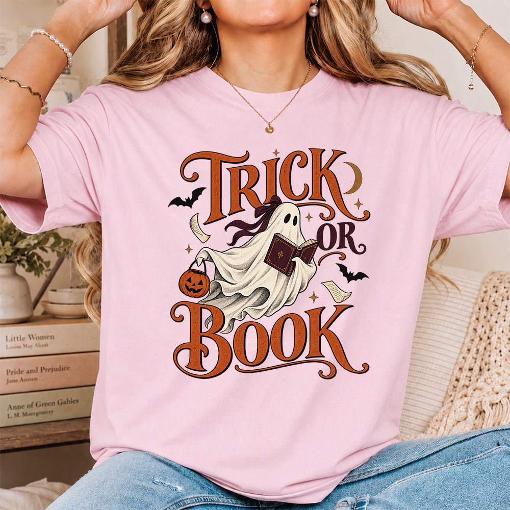 Trick Or Book Ghost Printed T-Shirt | Halloween Book Lover Gift Light Pink