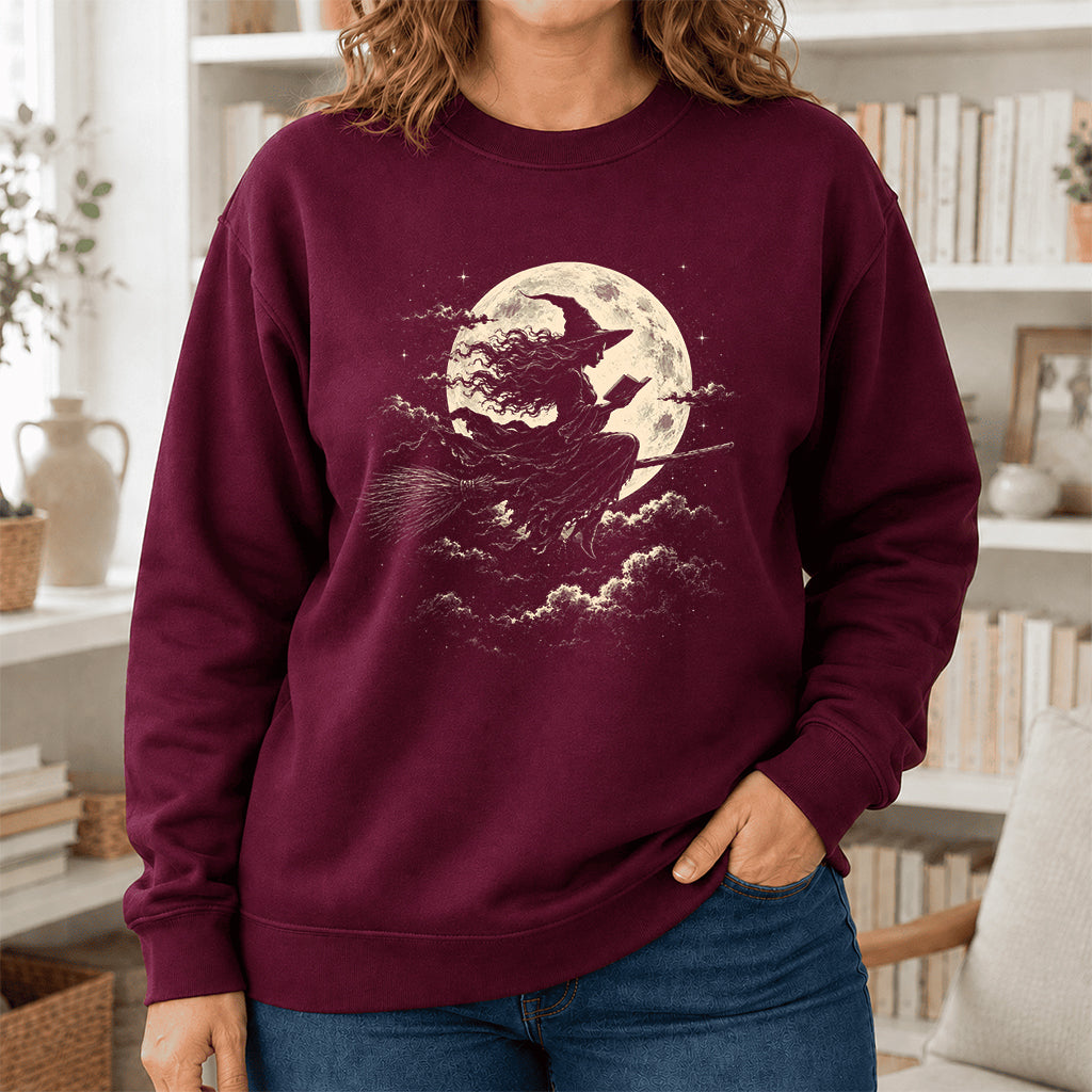 Reading Witch On The Flying Broom Printed Sweatshirt | Halloween Reader Gift Maroon