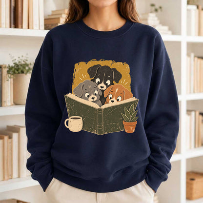 Minimal Japanese Dogs Reading Crewneck Sweatshirt | Reader Gift Navy