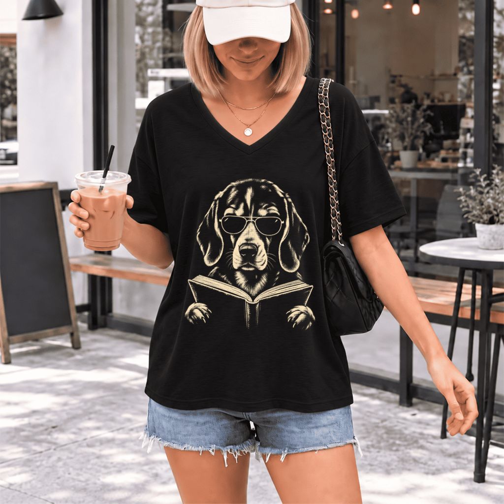 Beagle Reading Book Ultra-Soft V-Neck | Dog Mom Reader Gift Black