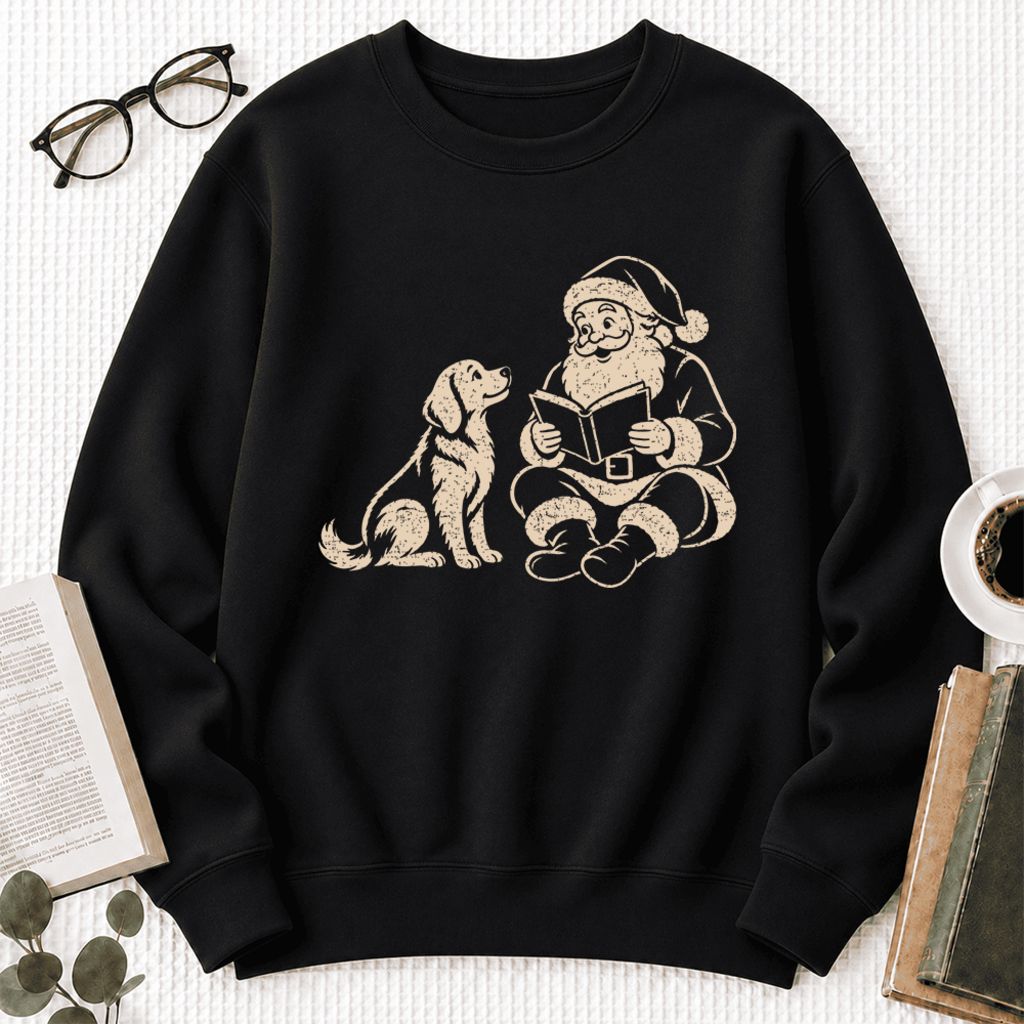Funny Dog With Reading Santa Softstyle Sweatshirt | Christmas Book Lover Gift Black