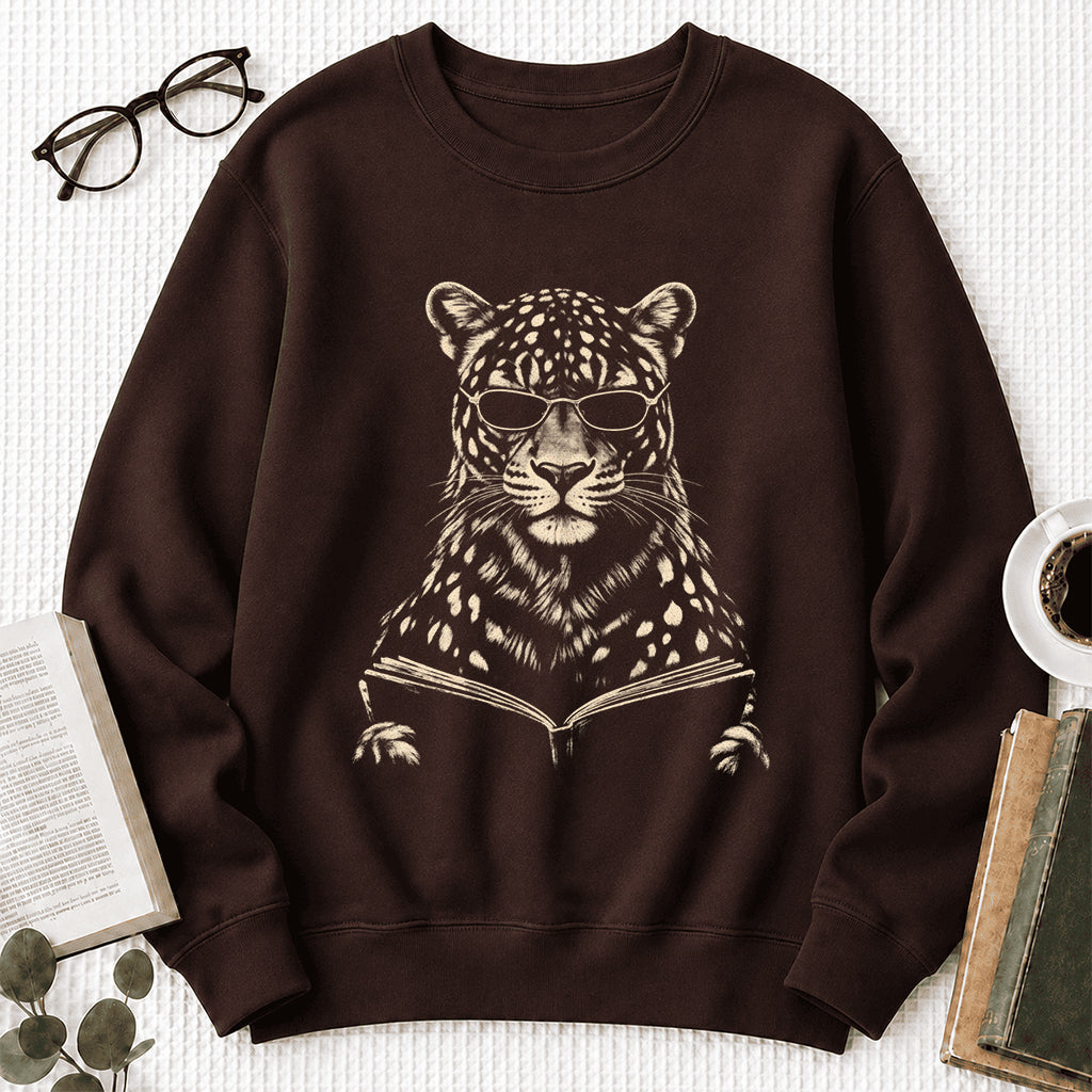 Leopard Reading Book Crewneck Sweatshirt | Reader Gift Dark Chocolate